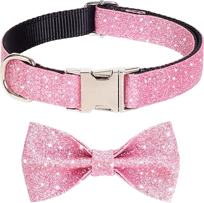 Bling Dog Bow Tie Collar for Puppy Small Dogs and Cats, Cute Pink Girl Dog Collar with Bow for Daily Walking or Holiday Party (Neck fit 9-12’’)