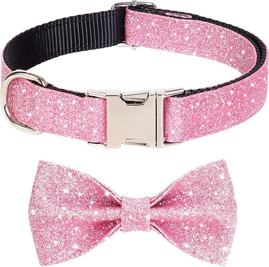 Bling Dog Bow Tie Collar for Puppy Small Dogs and Cats, Cute Pink Girl Dog Collar with Bow for Daily Walking or Holiday Party (Neck fit 9-12’’)