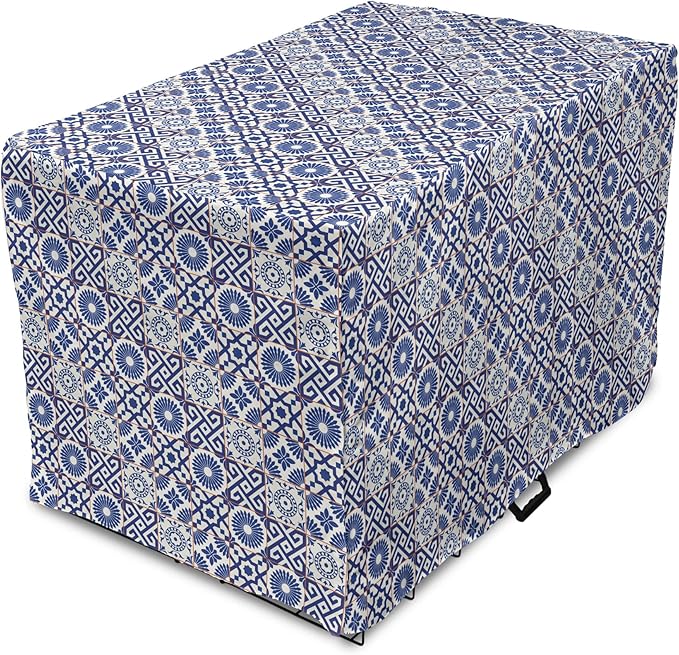Lunarable Geometric Dog Crate Cover, Azulejo Tile Motifs Portuguese Ceramic Pattern European Art, Easy to Use Pet Kennel Cover for Small Dogs Puppies Kittens, 18 Inch, Burnt Sienna Royal Blue