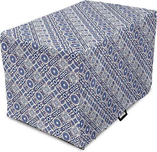 Lunarable Geometric Dog Crate Cover, Azulejo Tile Motifs Portuguese Ceramic Pattern European Art, Easy to Use Pet Kennel Cover for Small Dogs Puppies Kittens, 18 Inch, Burnt Sienna Royal Blue