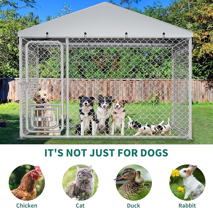 YITAHOME Outdoor Dog Kennel with Rotating Feeder Bowls, 7.5'x7.5' Outdoor Dog Enclosure with Roof, Heavy Duty Dog Cage for Medium Large Dogs