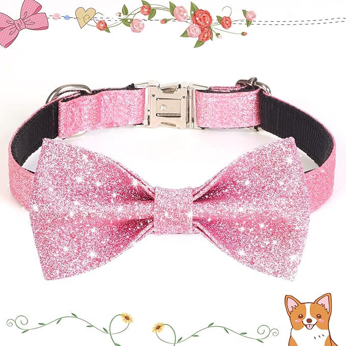 Bling Dog Bow Tie Collar for Puppy Small Dogs and Cats, Cute Pink Girl Dog Collar with Bow for Daily Walking or Holiday Party (Neck fit 9-12’’)
