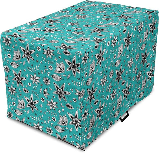 Lunarable Flower Dog Crate Cover, Abstract Monochrome Floral with Botanical Items, Easy to Use Pet Kennel Cover for Medium Large Dogs, 36 Inch, Seafoam Grey