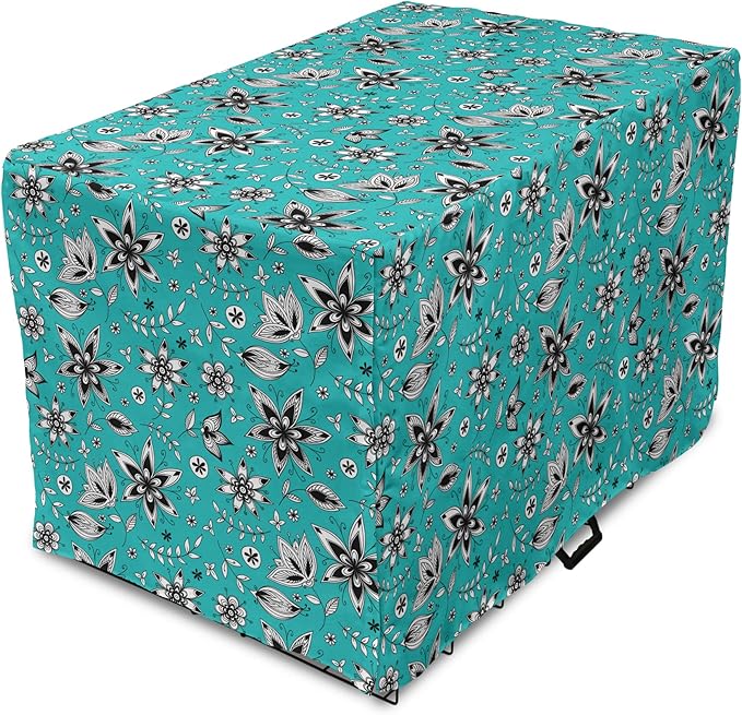 Lunarable Flower Dog Crate Cover, Abstract Monochrome Floral with Botanical Items, Easy to Use Pet Kennel Cover for Medium Large Dogs, 48 Inch, Seafoam Grey