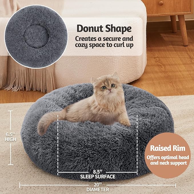 OhGeni Calming Donut Cat Beds For Indoor Cats, Machine Washable Plush Warming Bed For Kitten & Puppy, Anti-Slip Round Cuddle Comfort Pet Bed, Cozy Fluffy Fur Bed for Small Cats & Dogs, Gray, 20 inches