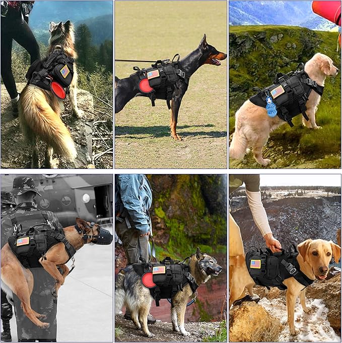 PET ARTIST Tactical Dog Harness for Hiking Training, No Pull Vest Harness for Medium Large Dogs, with Pouches and Patches Black, L