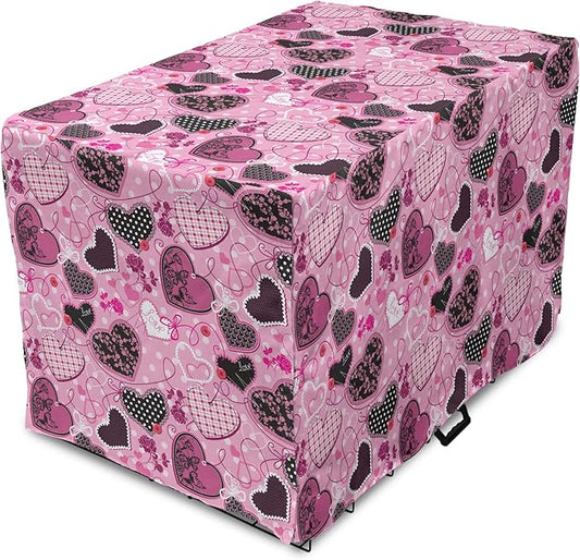 Lunarable Hearts Dog Crate Cover, Sewing Themed Love with Polka Dots Valentine's Day Inspired Image, Easy to Use Pet Kennel Cover for Cats & Medium Dogs, 24 Inch, Pink Black White