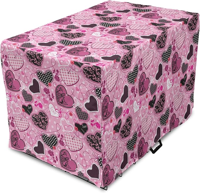 Lunarable Hearts Dog Crate Cover, Sewing Themed Love with Polka Dots Valentine's Day Inspired Image, Easy to Use Pet Kennel Cover for Small Dogs Puppies Kittens, 22 Inch, Pink Black White