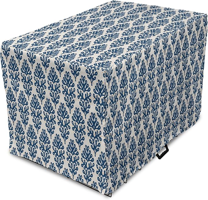 Lunarable Contemporary Blue Dog Crate Cover, Abstract Coral Inspired Motifs with Dots Around, Easy to Use Pet Kennel Cover for Medium Large Dogs, 42 Inch, Pale Eggshell Night Blue