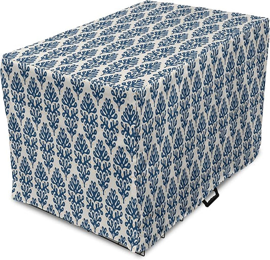 Lunarable Contemporary Blue Dog Crate Cover, Abstract Coral Inspired Motifs with Dots Around, Easy to Use Pet Kennel Cover for Small Dogs Puppies Kittens, 22 Inch, Pale Eggshell Night Blue