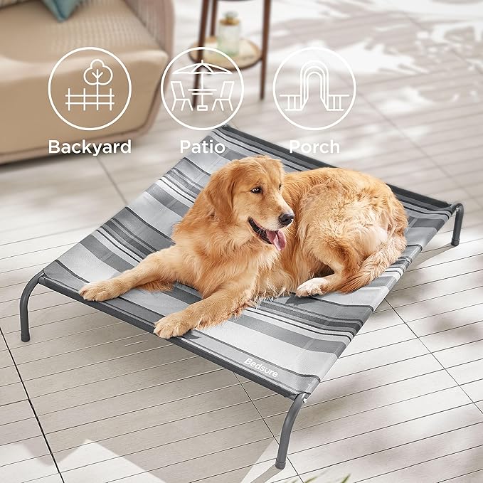 Bedsure Large Elevated Cooling Outdoor Dog Bed - Raised Dog Cots Beds for Large Dogs, Portable Indoor & Outdoor Pet Hammock Bed with Skid-Resistant Feet, Breathable Mesh, Striped Grey, 49 inches