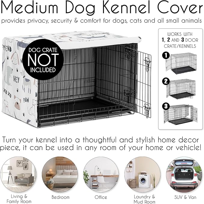Sweet Jojo Designs 36in. Medium Dog Crate Cover (Cartoon Puppy Print) Pet Cage, Kennel Covers (Neutral, Modern, Bulldog, Wiener Doggy, Paws, Whimsical, Playful, Woof, Dachshund, Blue, Taupe, Grey)