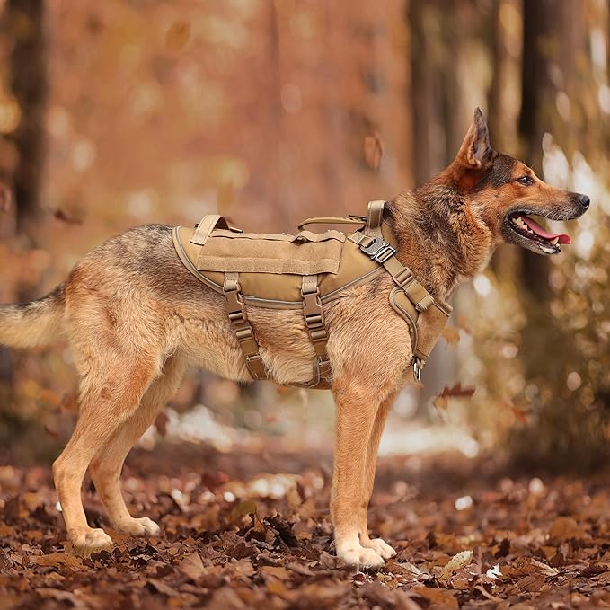 PET ARTIST [Upgrade] Tactical Dog Harness for Hiking Training, No Pull Vest Harness for Medium Large Dogs, with Pouches and Patches Brown, L