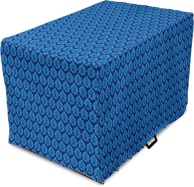 Lunarable Damask Blue Dog Crate Cover, Repeating Simplistic Pattern Rococo Inspired Royalty Essential Motif, Easy to Use Pet Kennel Cover for Cats & Medium Dogs, 24 Inch, Indigo and Sky Blue
