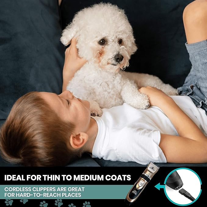 Pet Union Professional Dog Grooming Kit - Rechargeable, Cordless Pet Grooming Clippers & Complete Set of Dog Grooming Tools. Low Noise & Suitable for Dogs, Cats and Other Pets (Gold)