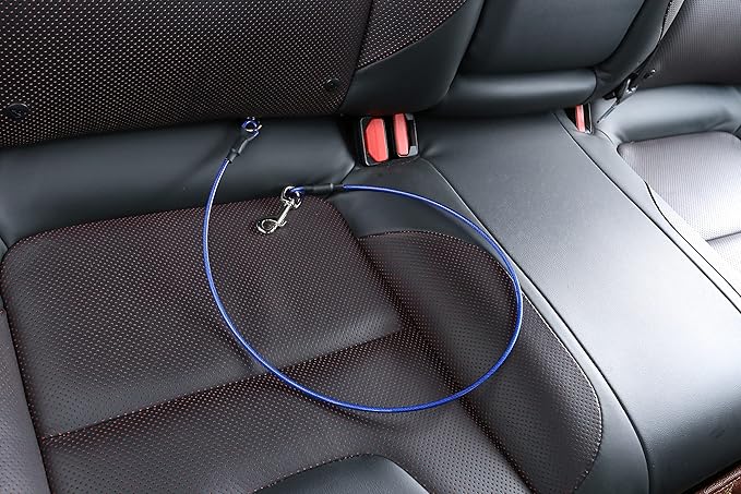 Mogoko Pet Dog Car Seat Belt Restraint, Coated Stainless Steel Chew Proof Dog Vehicle Safety Tether Cable, Double Clip No-Chew Pet Car Leash Lead-16 Inch