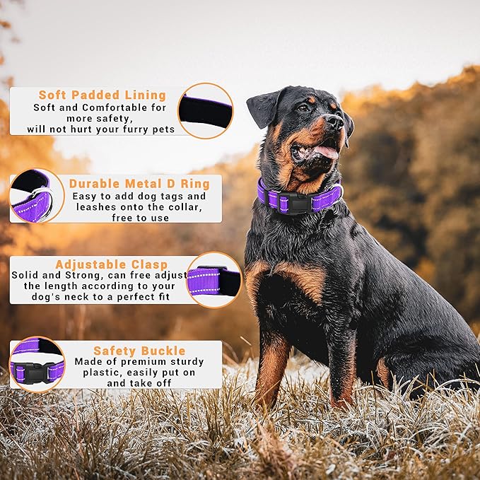 2 Pack Reflective Dog Collar with Safety Locking Buckle, Adjustable Soft Breathable Comfortable Nylon Pet Collar for Small, Medium and Large Dogs, Purple, M