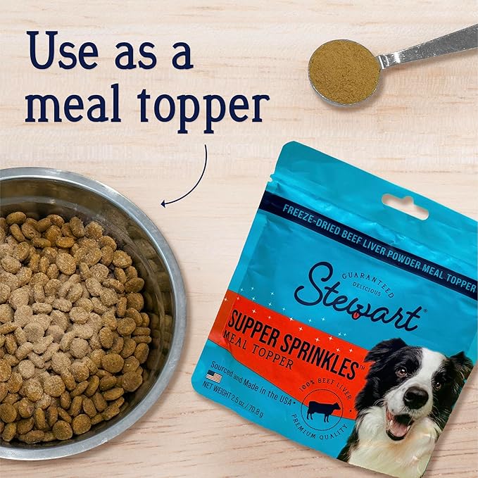 Stewart Beef Liver Supper Sprinkles, Dog Food Toppers, Beef Liver, 2.5 oz. Resealable Bag, Made in USA, Products for Dogs