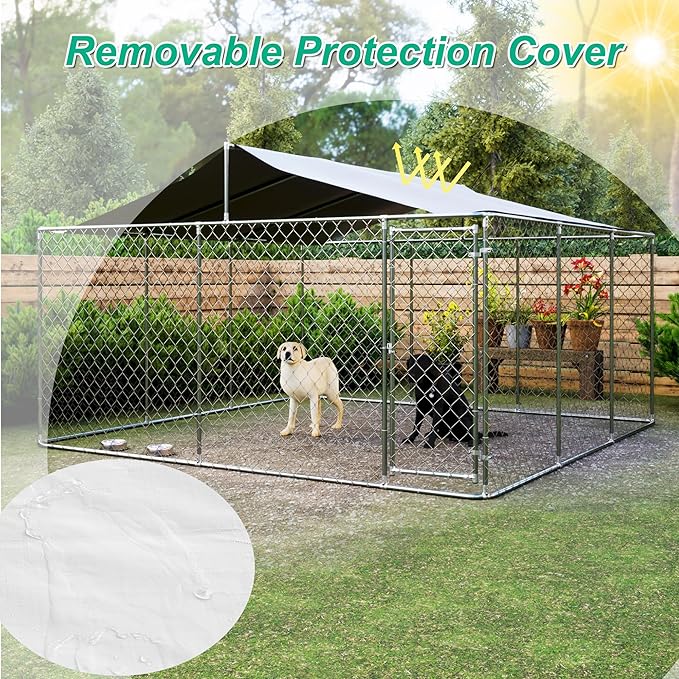KELRIA Large Outdoor Dog Kennel with Waterproof Roof, Heavy Duty Dog Cage w/Secure Lock, Galvanized Steel Dog Fence House Enclosure, Dog Playpen for Outside Backyard, Silver (177.6x177.6x91.2 in)