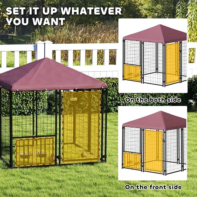PawHut 4.6' x 4.6' x 5' Outdoor Dog Kennel, Welded Wire Heavy Duty Dog Run with 360° Rotating & 4 Level Adjustable Bowls, Dog Kennel Outside with Waterproof & UV Resistant Cover, for S&M Dogs