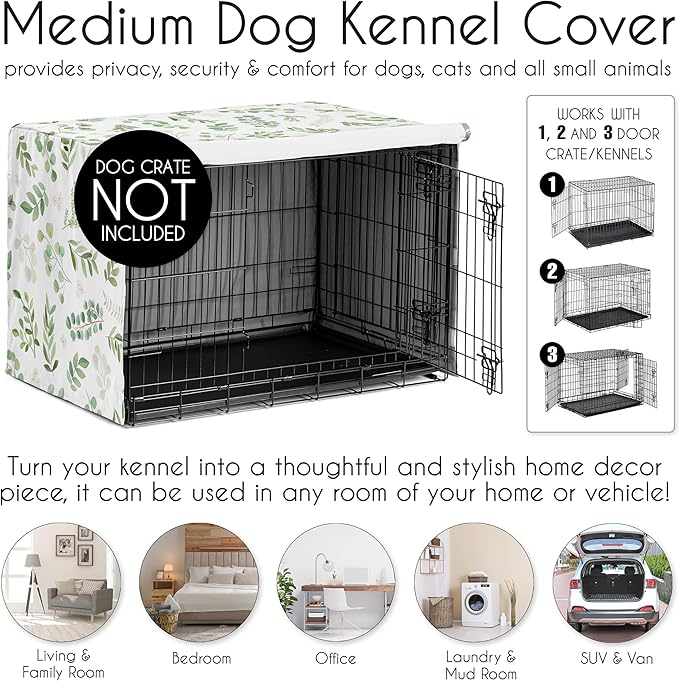 Sweet Jojo Designs Green Boho Floral Leaf Dog Crate Cover – Kennel Covers for 36 Inch Pet Cage Medium - Neutral Sage White Bohemian Watercolor Botanical Flower Woodland Tropical Garden Nature