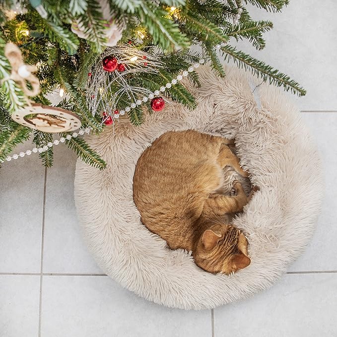 Small Dog Bed Calming Dogs Bed for Small Medium Large Dogs Anti-Anxiety Puppy Bed Machine Washable Warming Cozy Soft Pet Round Bed Fits up to 10-100 lbs (23”Small（Pack of 1）, Beige)