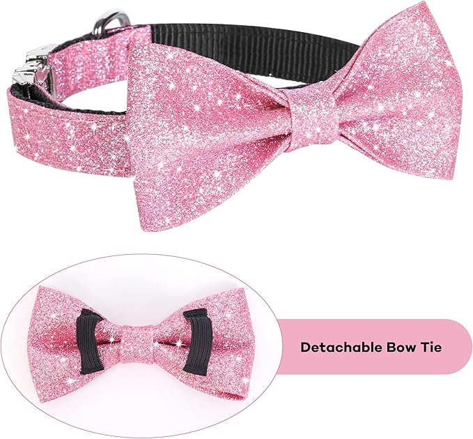 Bling Dog Bow Tie Collar for Puppy Small Dogs and Cats, Cute Pink Girl Dog Collar with Bow for Daily Walking or Holiday Party (Neck fit 9-12’’)