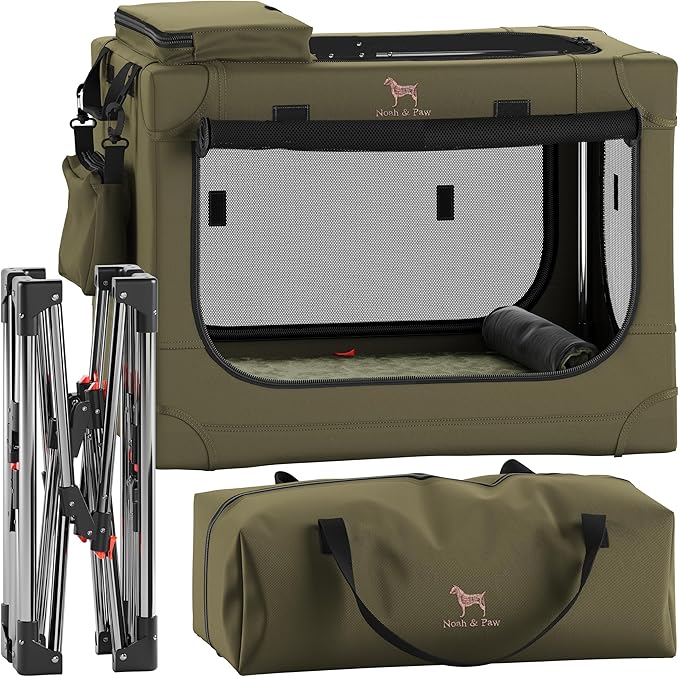 Noah & Paw Collapsible Dog Crate 26 Inch, Small Dog Crate for Small Medium Breeds, Travel Kennel for Car, Including Pet Mat for Pet Cage, 2 Storage Pockets, Handbag, 10mm Locking Zipper 26 * 17 * 17