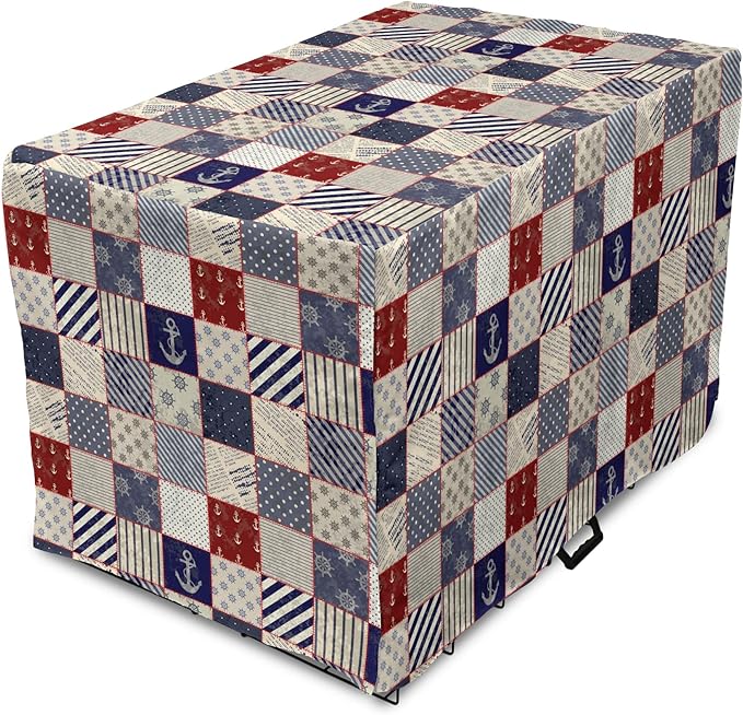 Lunarable Geometric Dog Crate Cover, Checkered Pattern Pale Nautical Design Elements Grunge Effect, Easy to Use Pet Kennel Cover for Medium Large Dogs, 42 Inch, Navy Blue Beige