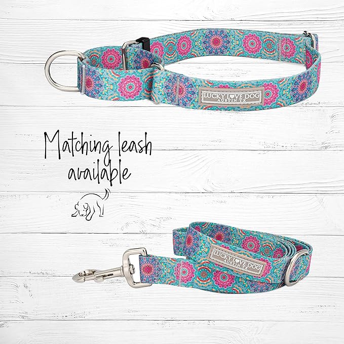 Lucky Love Dog, Boho Chic Martingale Dog Collar for Girl Boy Dogs, Premium No Slip Collar, Vivid Pink and Turquoise Martingale Collar for Dogs (Medium, Clara Mart)