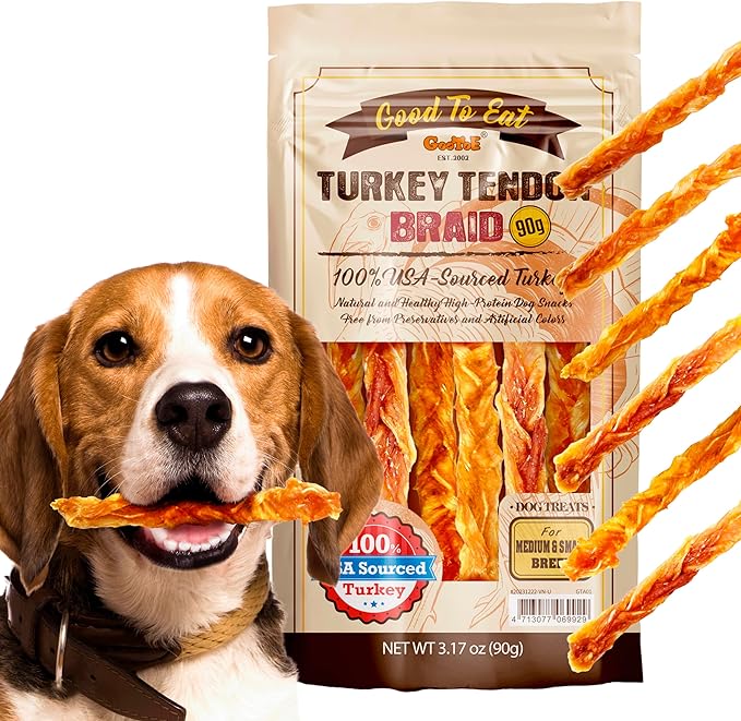 Gootoe Turkey Tendon Dog Treats – 100% USA-Sourced, Natural Snack, Premium Training Chews, Hypoallergenic, Reseal Value Bags, Size for Medium & Small Dogs, Braid (Medium) 3.17 oz/Pack (90gm)