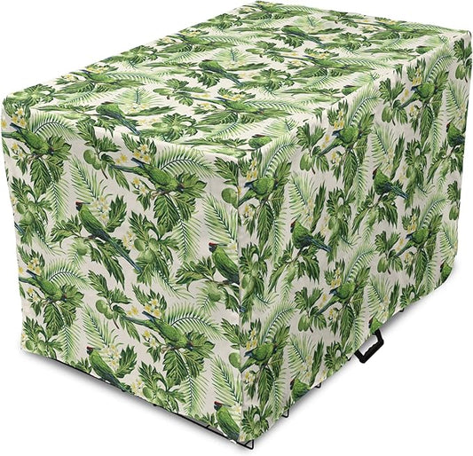 Lunarable Green Dog Crate Cover, Exotic Tropic Pattern with Palm Leaves Breadfruits Plumeria Flowers and Parrots, Easy to Use Pet Kennel Cover for Medium Large Dogs, 48 Inch, Lime Green Cream