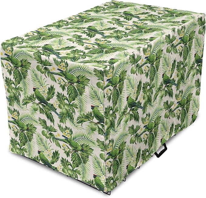 Lunarable Green Dog Crate Cover, Exotic Tropic Pattern with Palm Leaves Breadfruits Plumeria Flowers and Parrots, Easy to Use Pet Kennel Cover for Cats & Medium Dogs, 30 Inch, Lime Green Cream