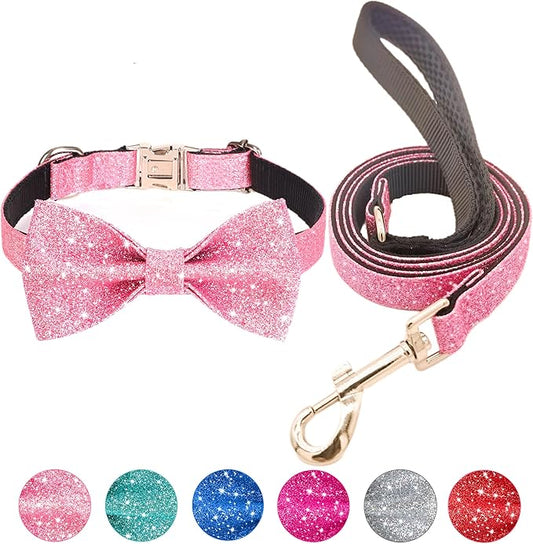 Bling Bow Tie Dog Collar and Leash Set, Cute Pink Girl Dog Collar with 5ft Leash for Small Medium Dogs Daily Walking or Holiday Party (Neck fit 11-16’’)
