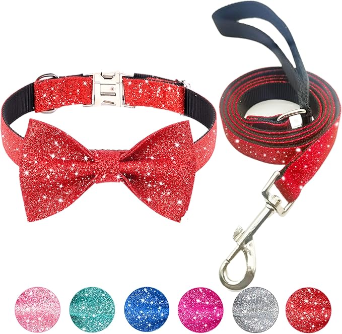 Bling Bow Tie Dog Collar and Leash Set, Red Christmas Dog Collar with Bow and 5ft Leash for Puppy Small Dogs, Cute Walking Boy and Girl Dog Collar Set (Neck fit 9-12’’)