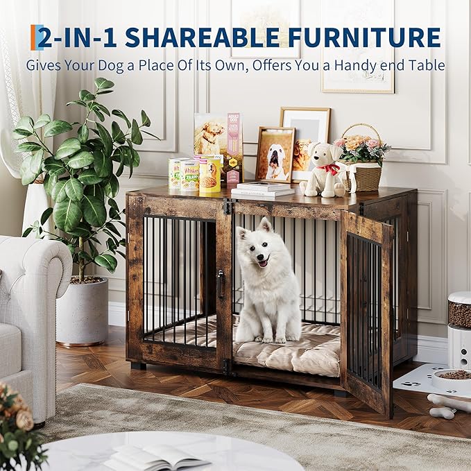 42.1" Dog Crate Furniture, Lockable Double Door Wooden Pet Crate for Indoor Use, Stylish Pet Crate End Table for Small/Large/Medium Dogs, Decorative Pet House, Functional Chic Puppy Crate Furniture