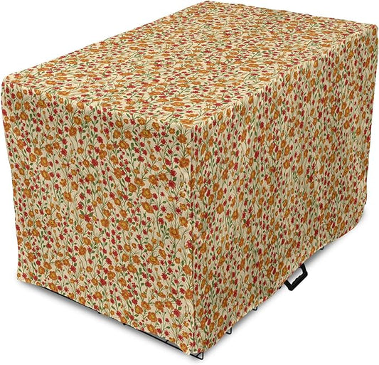 Ambesonne Floral Dog Crate Cover, Burgeoning Flowers Small Flora Scene Foliage Meadow Setting Vintage Garden Art, Easy to Use Pet Kennel Cover for Small Dogs Puppies Kittens, 22 Inch, Beige Multicolor