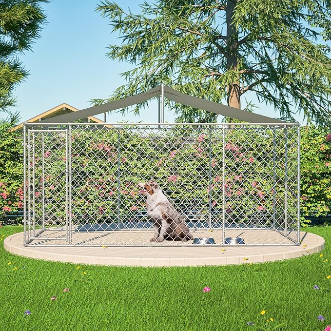 Large Outdoor Dog Kennel, Heavy Duty Galvanized Steel Dog Enclosure, Chicken Coop w/Waterproof UV-Resistant Cover, Lockable Door Chain Link for Small & Large Pets, Backyard-157.2" L x 91.2" W x 90" H