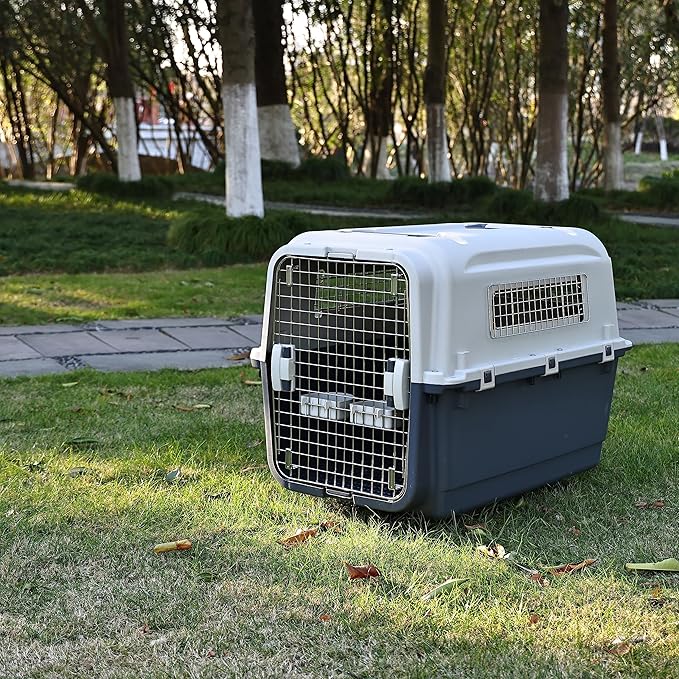Plastic Kennels Pet Carrier Rolling Plastic Airline Approved Wire Door Travel Dog Crate, Large (30.7" L x 21.3" W x 22.8" H)