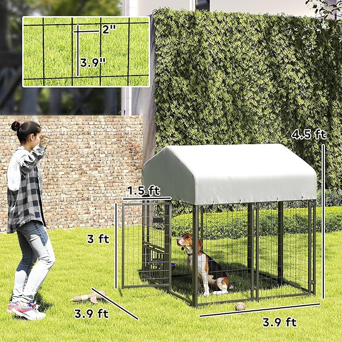PawHut 3.9' x 3.9' x 4.5' Outdoor Dog Kennel, Welded Wire Heavy Duty Dog Run with 360° Rotating & 4 Level Adjustable Bowls, Dog Kennel Outside with Waterproof & UV Resistant Cover, for S&M Dogs