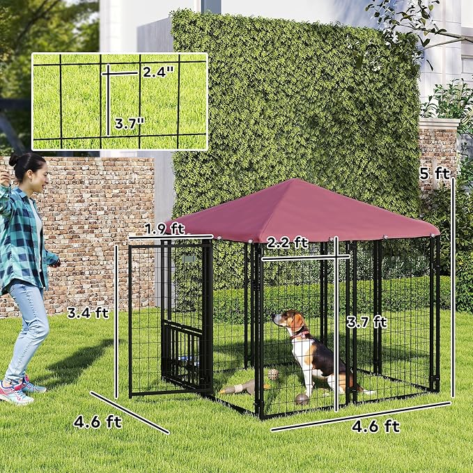 PawHut 4.6' x 4.6' x 5' Outdoor Dog Kennel, Welded Wire Heavy Duty Dog Run with 360° Rotating & 4 Level Adjustable Bowls, Dog Kennel Outside with Waterproof & UV Resistant Cover, for S&M Dogs