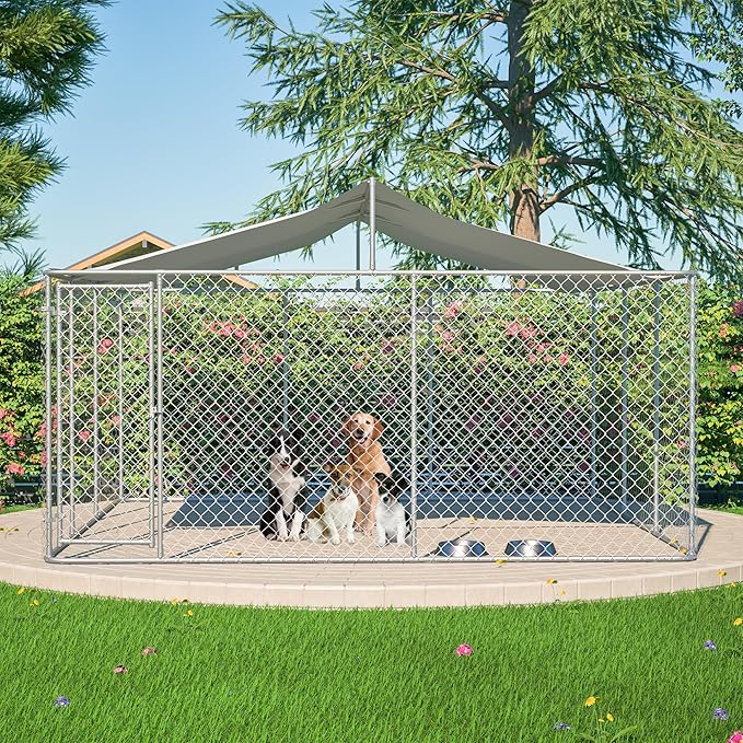Outdoor Dog Enclosure Heavy Duty Dog Kennel House Mesh Outside Galvanized Chain Link Dog Run with Roof,Dog Cage Large Dogs Dog Pen Pet Kennel W/Waterproof Anti-UV Cover&Secure Lock for Large Dog